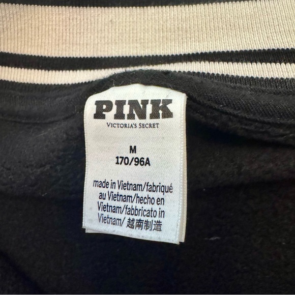 PINK Victoria’s Secret Medium Black Crewneck with White Striped Collar Sporty - Picture 3 of 4